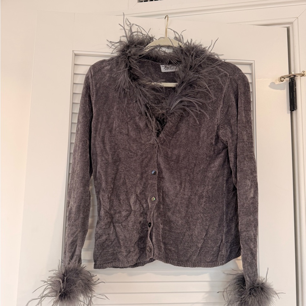 Gray Feather Trim Cardigan